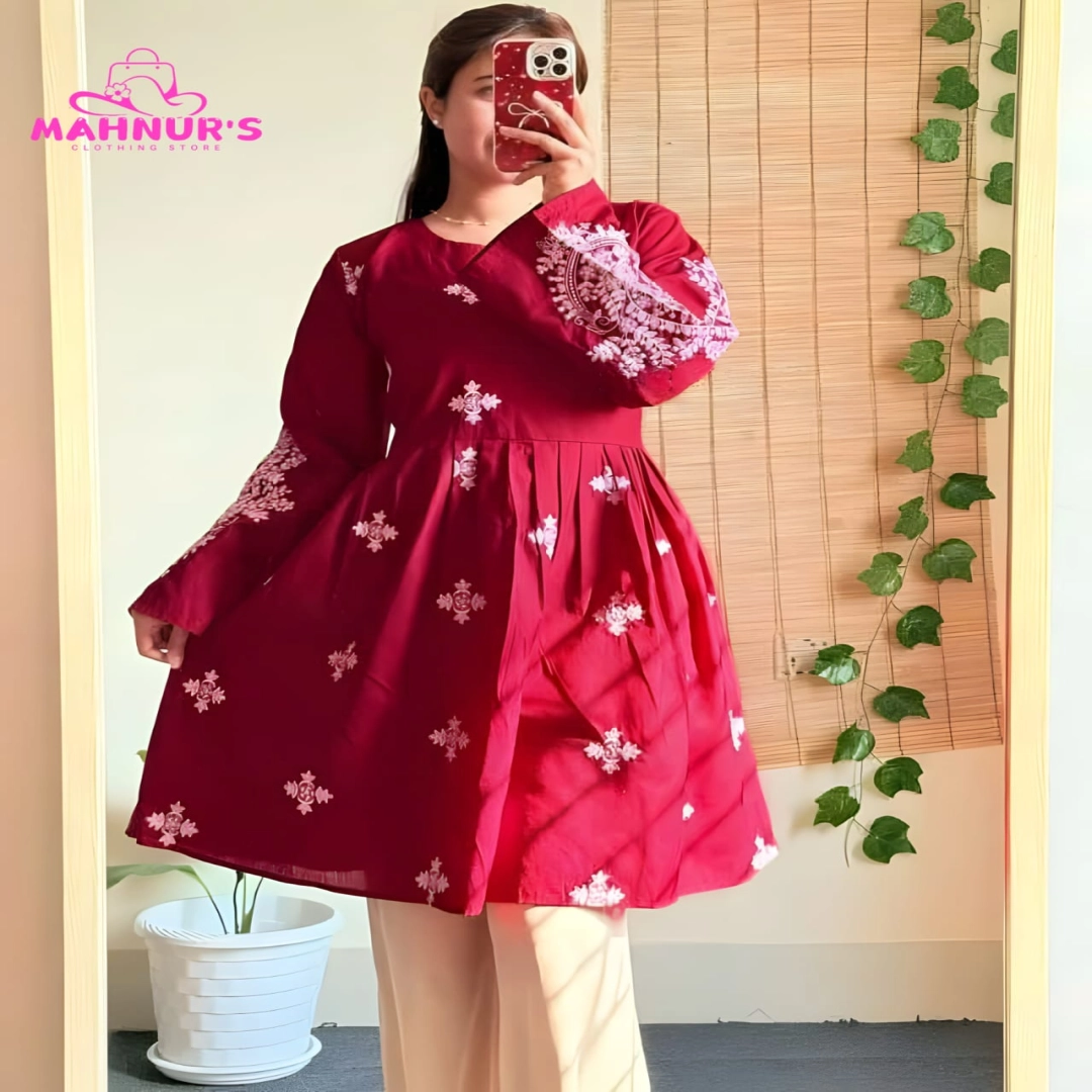 Ruby Red Angrakha Frock with White Chikankari Embroidery