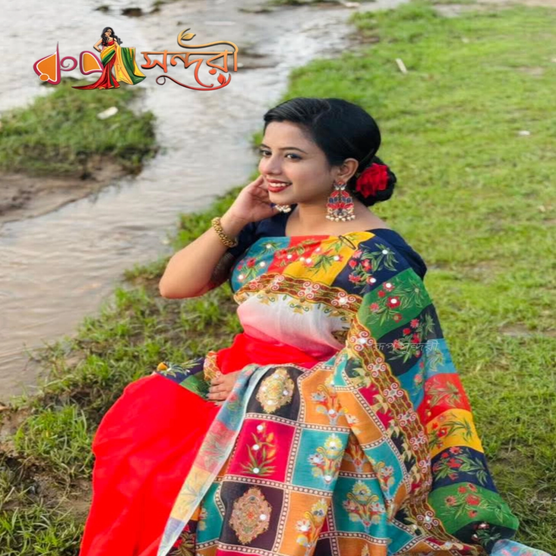 Festive Red Sari with Vibrant Multi-Color Patchwork and Mirror Work Anchal