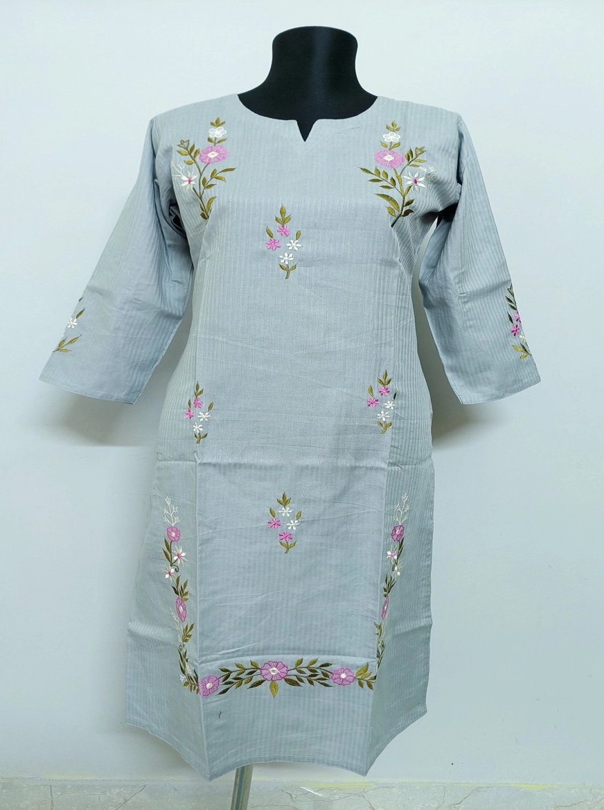 Serene Mist Kurti with Pink & White Embroidery