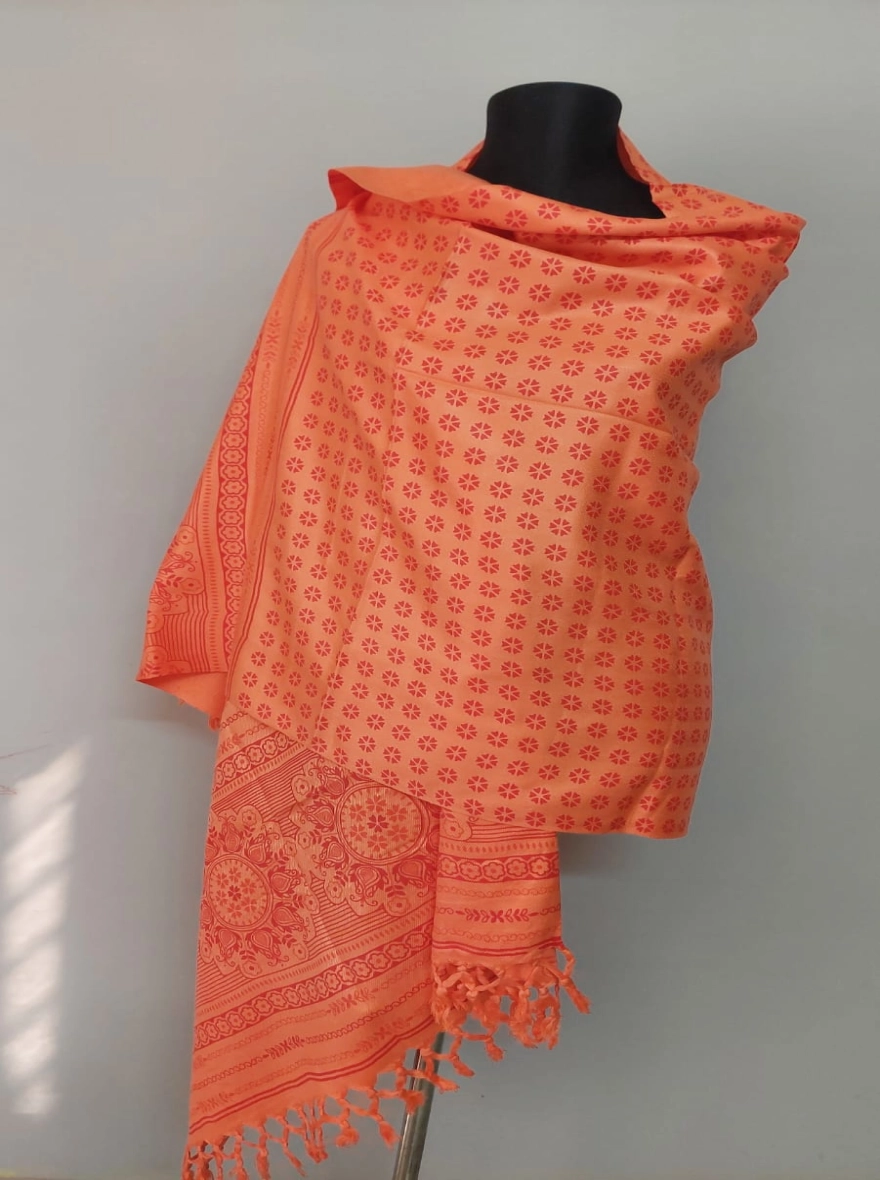 Vibrant Orange Printed Tassel Shawl