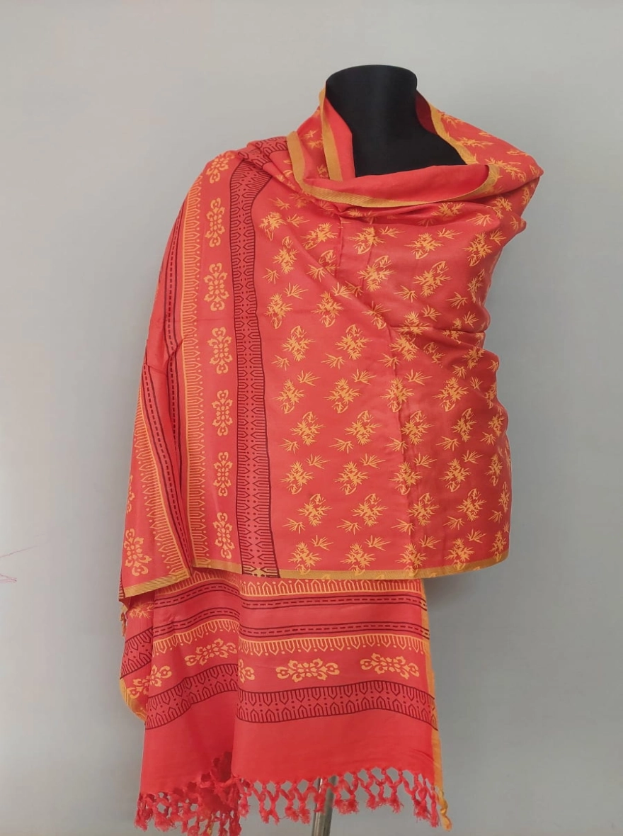 Fiesta Orange Block Print Tassel Shawl