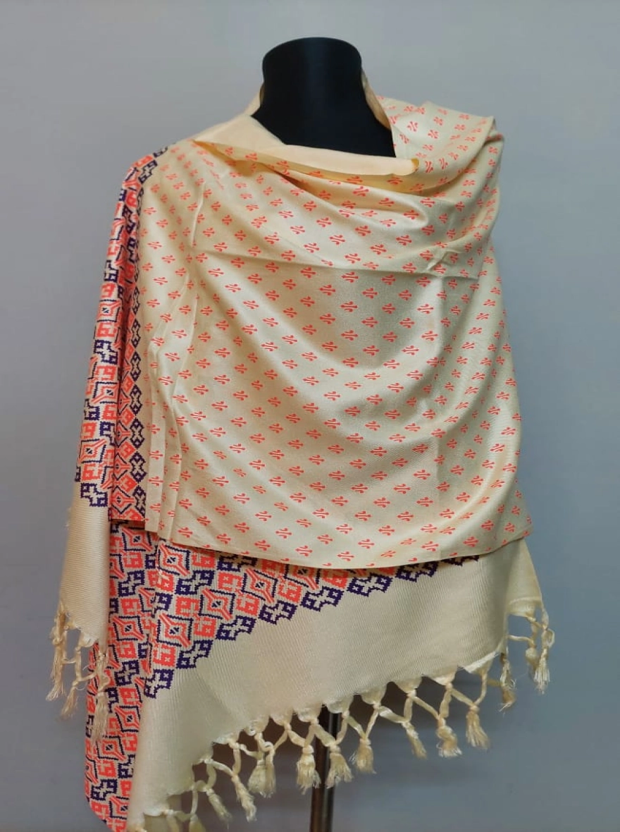 Luxury Silk Blend Shawl with Coral and Navy Geometric Motifs