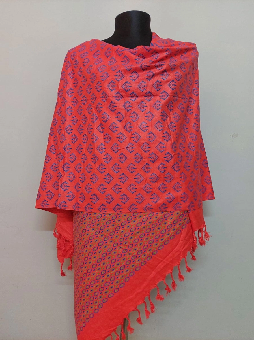 Handloom Shawl with Blue Floral and Geometric Print - Sunset Orange