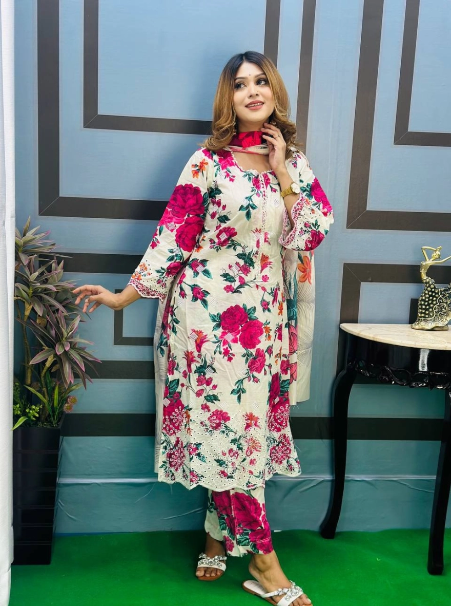 White & Fuchsia Floral Three-Piece Suit