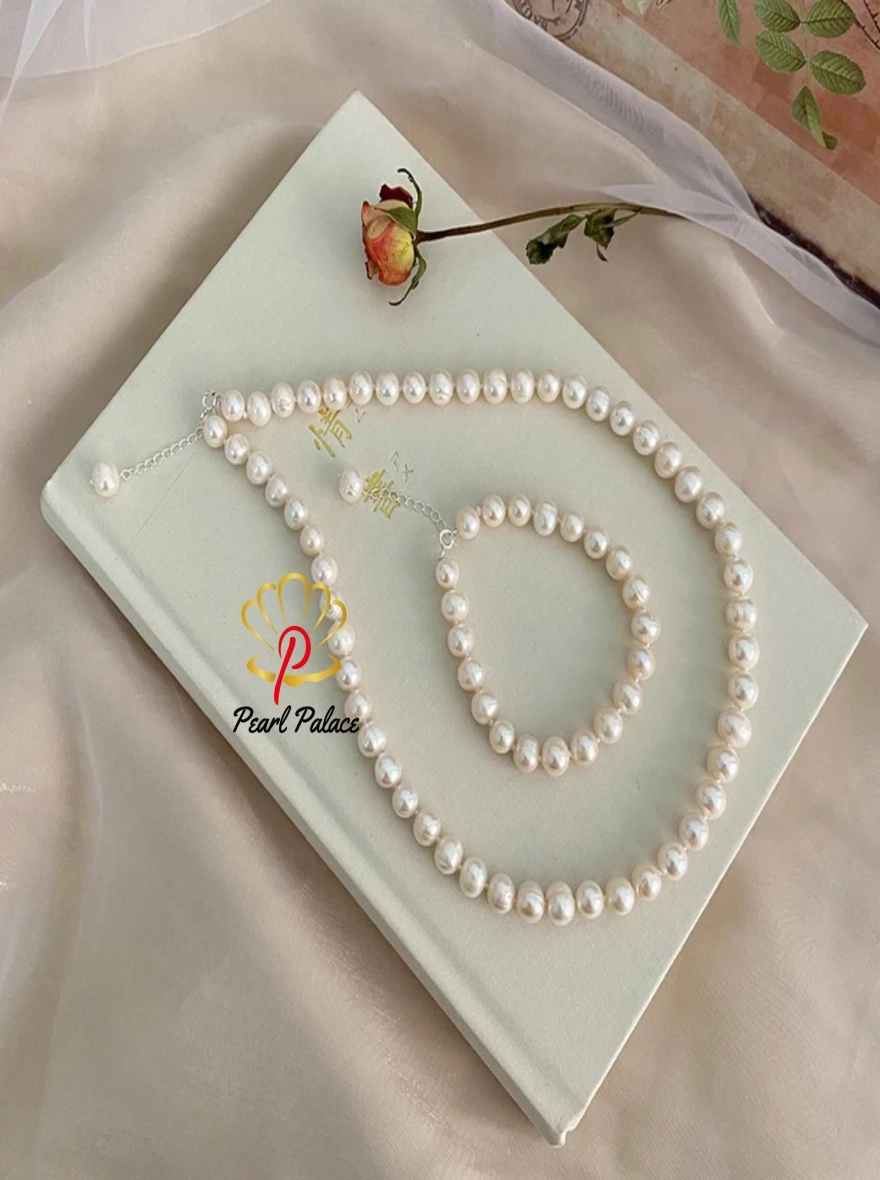 Natural Freshwater Pearl Jewelry Set 925 Sterling Silver Necklace Bracelet for Women