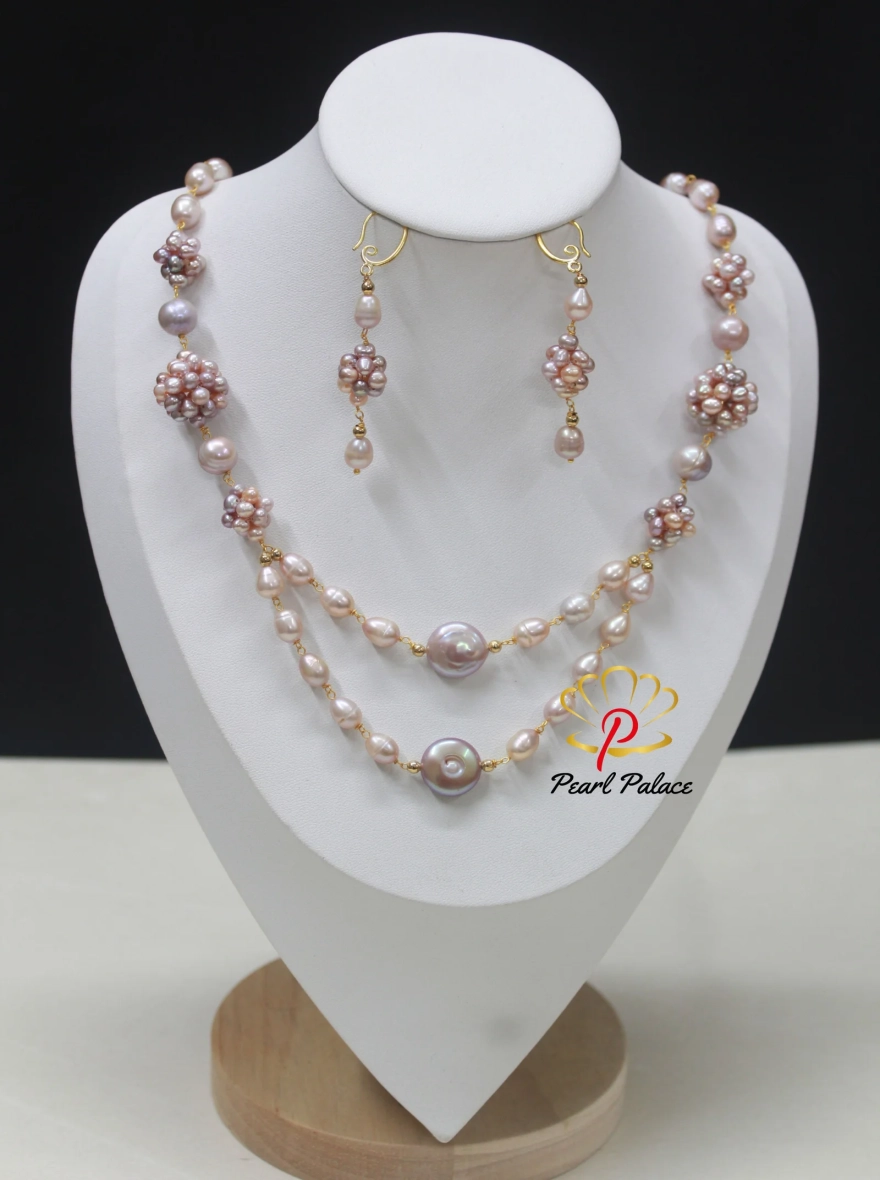 Rice Pearl, coin pearl necklace set with earrings.