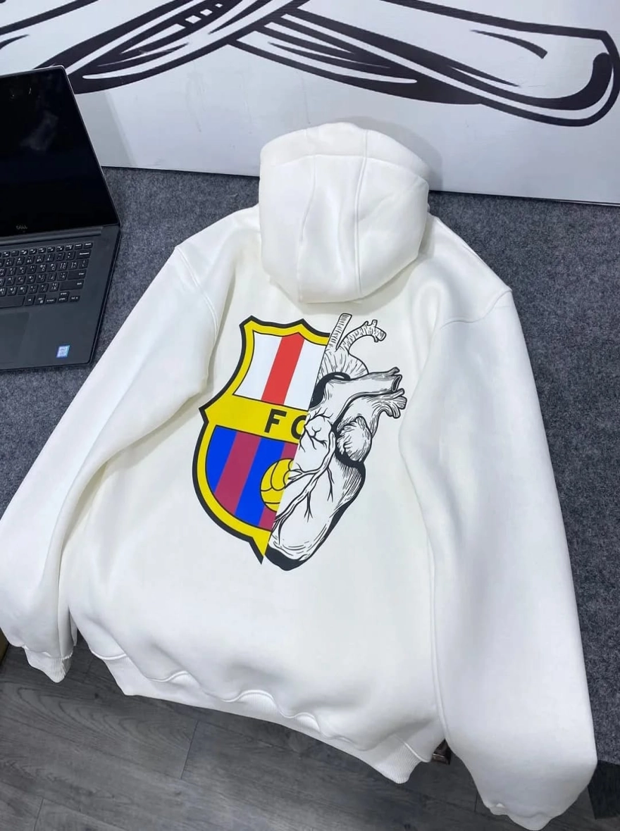 Barcelona Arabic Pullover White Hoodie with Barca X Heart