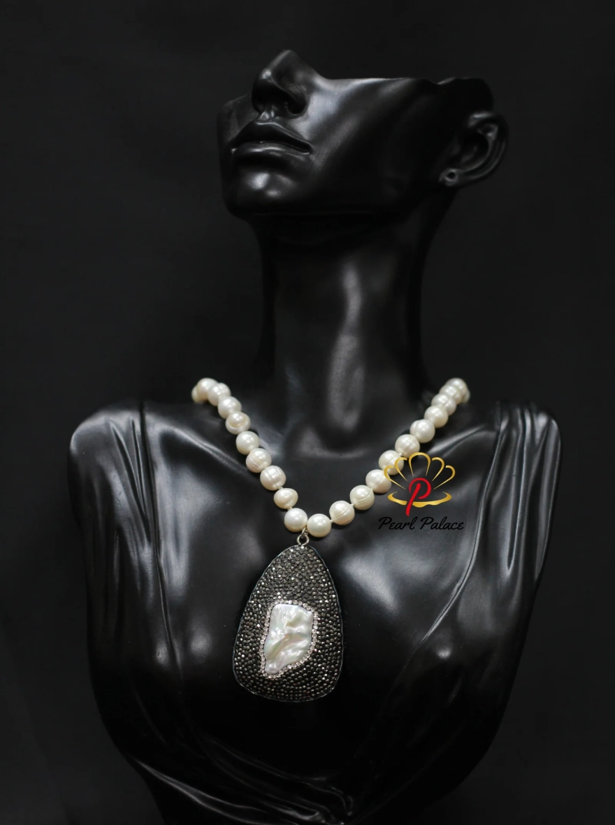 White Pearl Necklace with Black Crystal and Shell Pearl Pendant.