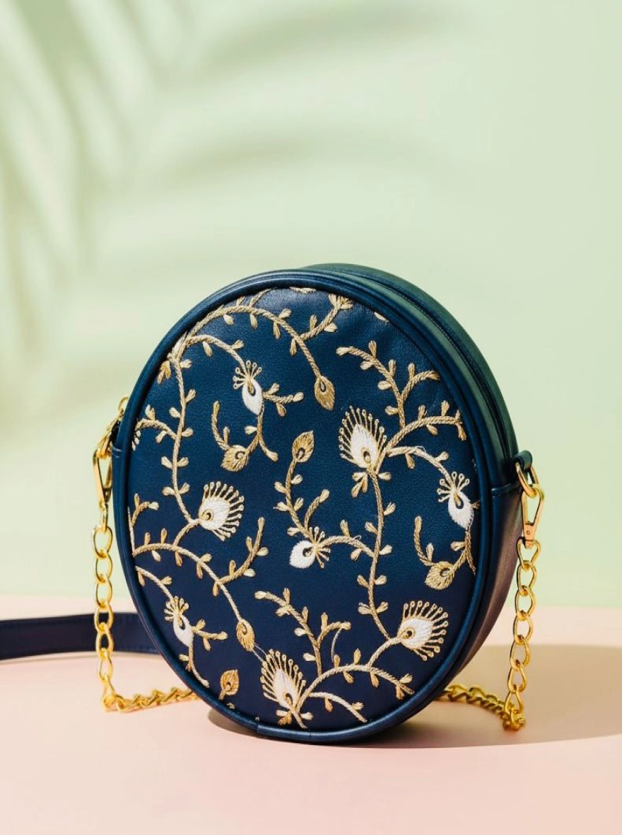 Midnight Bloom Embroidered Circle Crossbody Bag