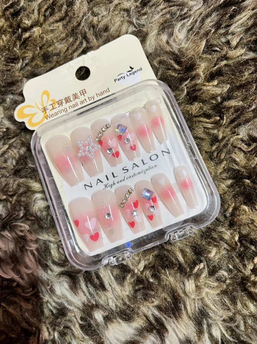 Party Legend Handcrafted "Blushing Hearts" Coffin Press-On Nails