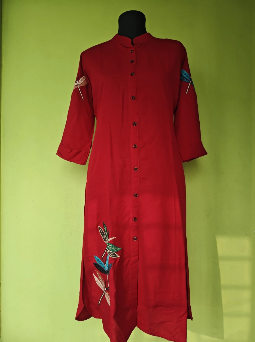 Crimson Dragonfly Embroidered Cotton Kurti