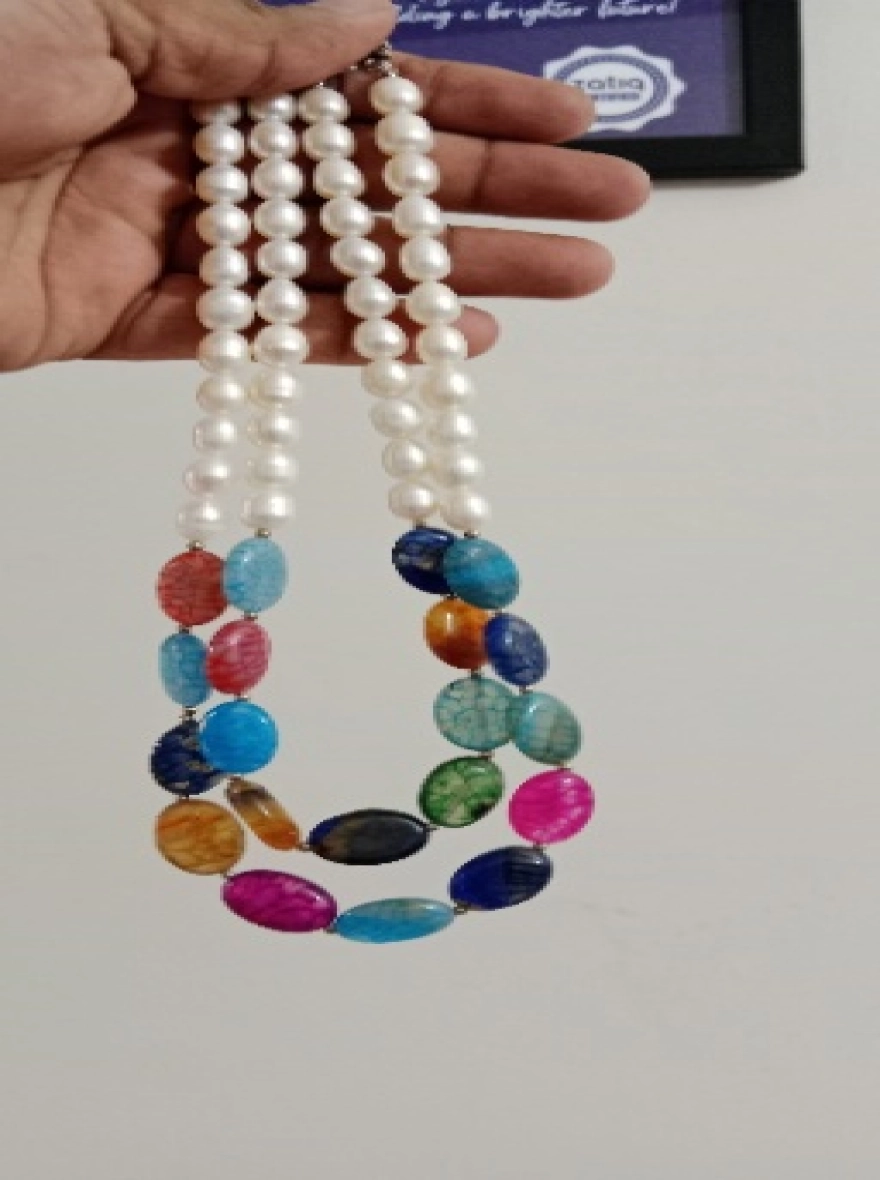 Pearl & stone combination 2 layer necklace