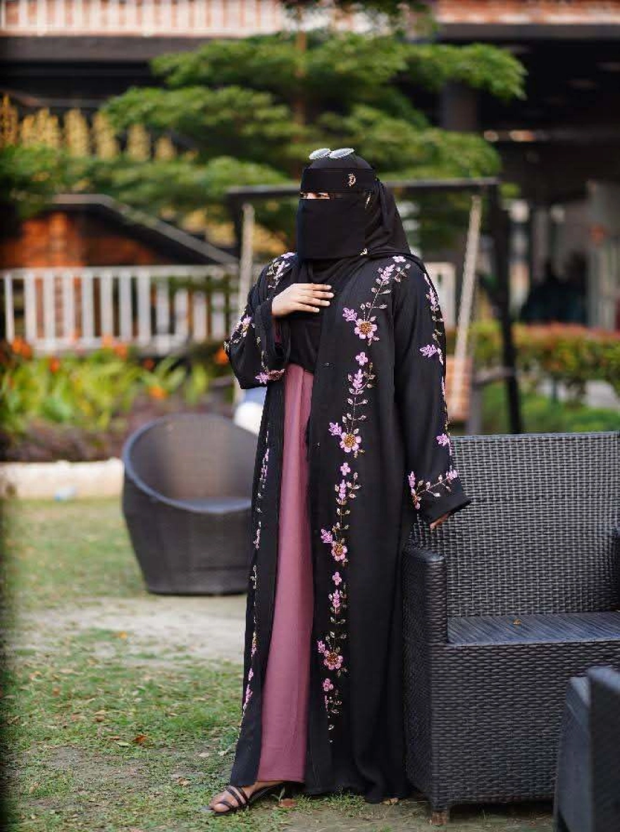 Elegant Peach Vine Floral Open Abaya