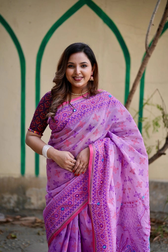 Prijosree Signature Boutique –Multicolour screen Print Saree with tarsel and doller design.