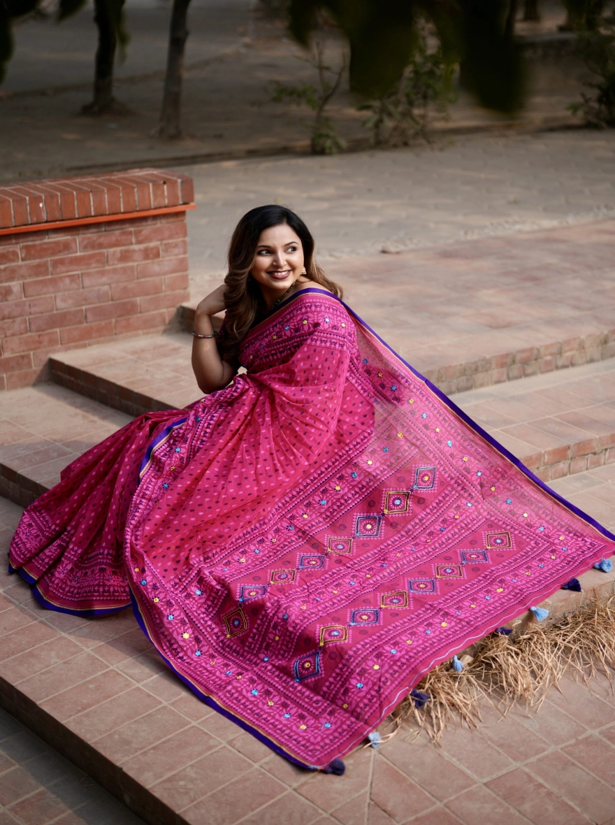 Prijosree Signature Boutique – Vibrant Magenta Screen Print Saree