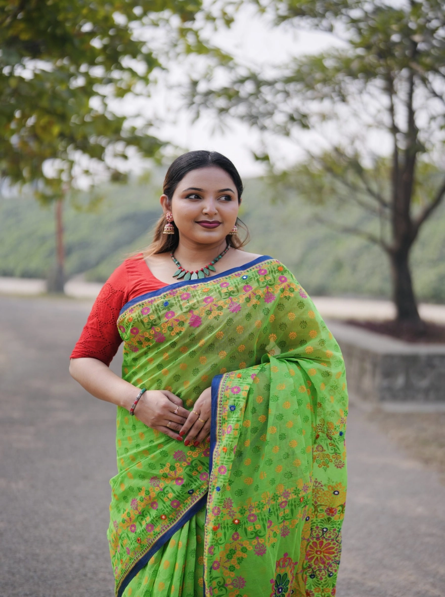 Prijosree Signature Boutique – Parrot Green Floral Print Saree