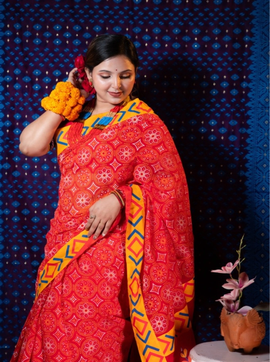 Prijosree Special Ember Print Saree with Artisanal Mirror Accents