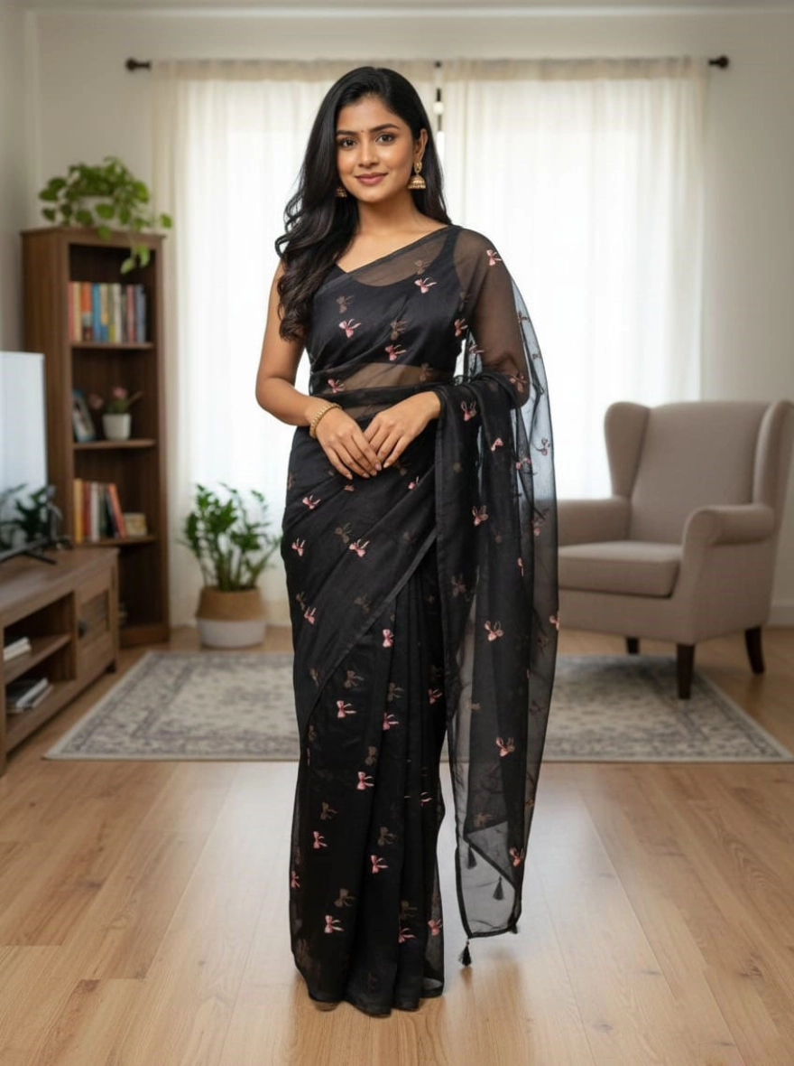 Midnight Bloom Sheer Organza Saree in Ebony Black
