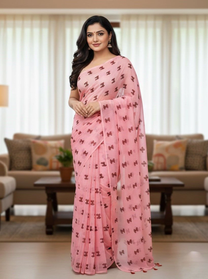 Blush Meadow Butterfly Chiffon Saree