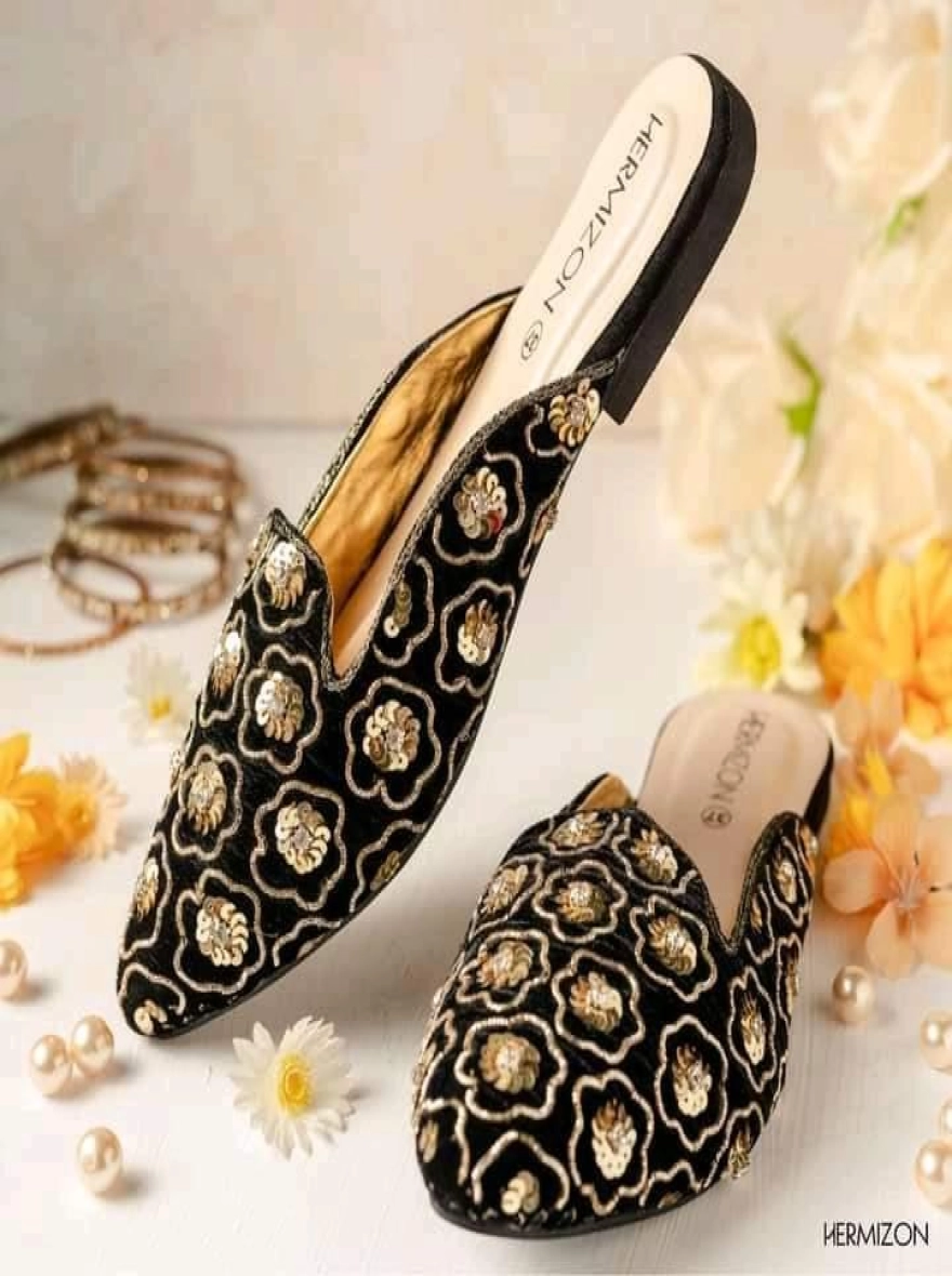 Myrine Velvet Floral Embellished Mules