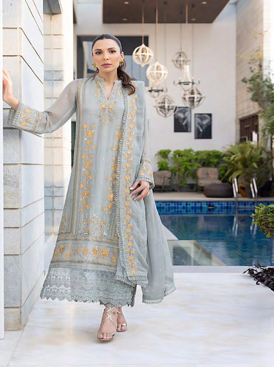 Pakistani Merakish Unstitched Lawn Three Piece - Gray