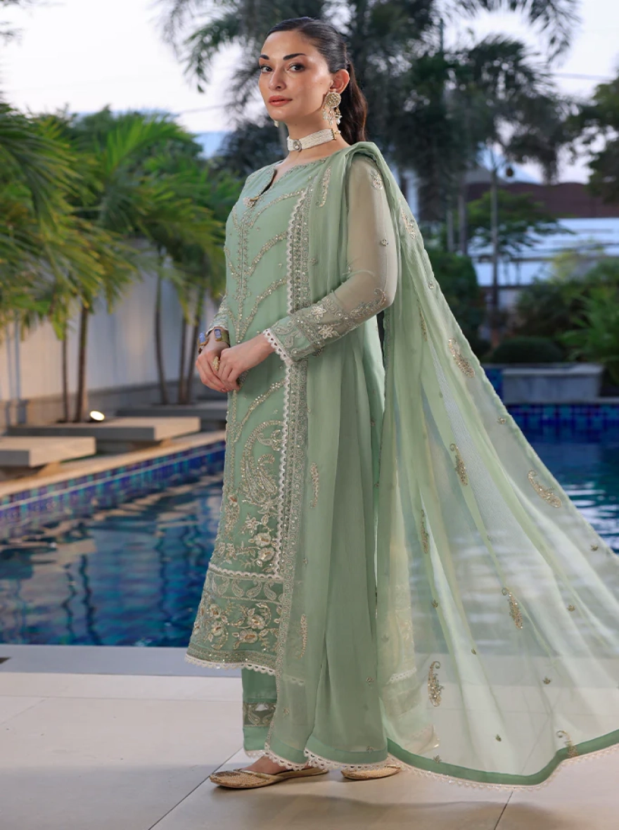 Pakistani Merakish Unstitched Lawn Chiffon Three Piece - Sage Green