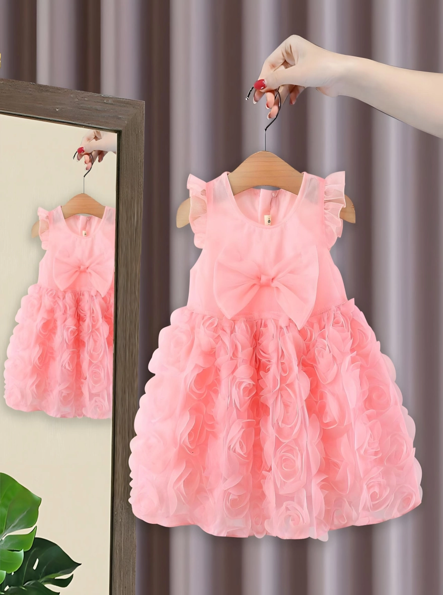 Imported Gorgeous Ribbon X Rose Soft Pink Party Frock (China)
