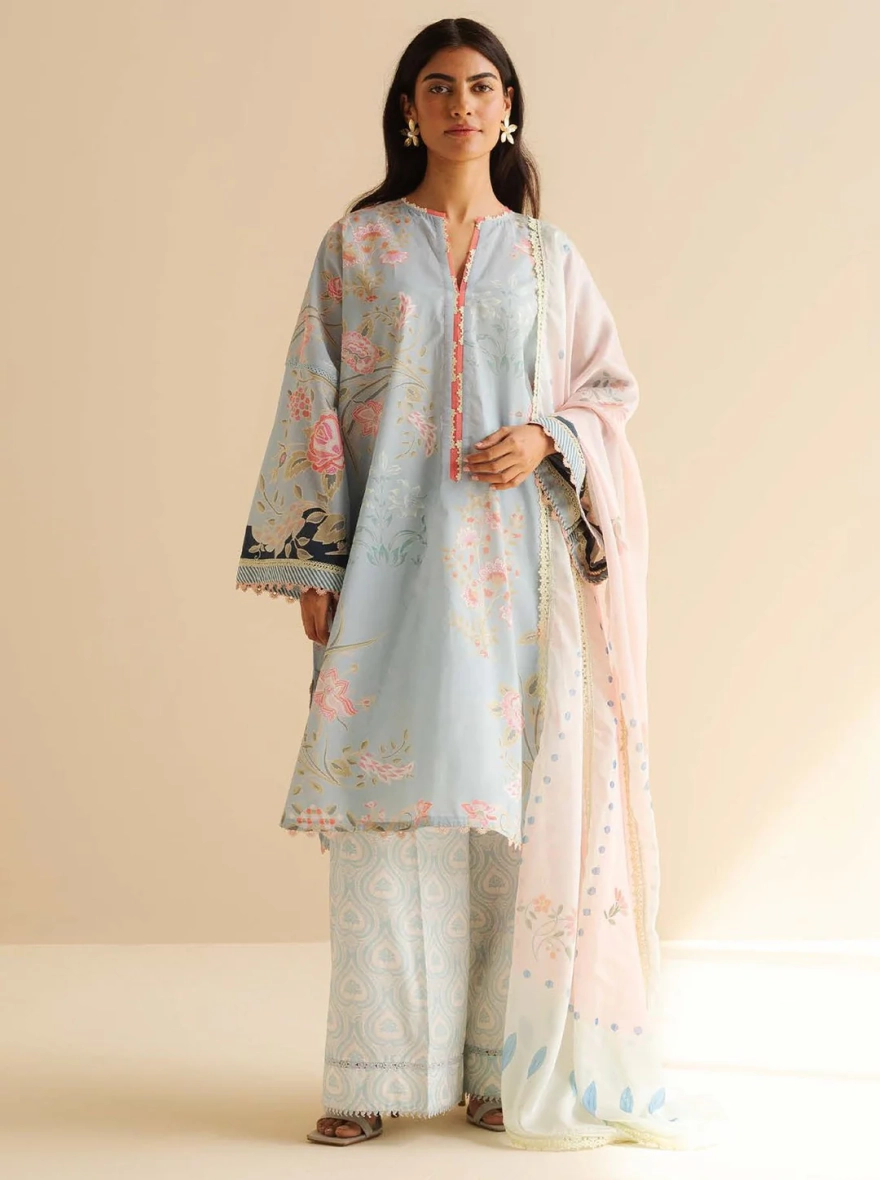 Pakistani Coco Print by Zara Shahjahan unstitched– Light Blue Unstitched 3 Piece Suit