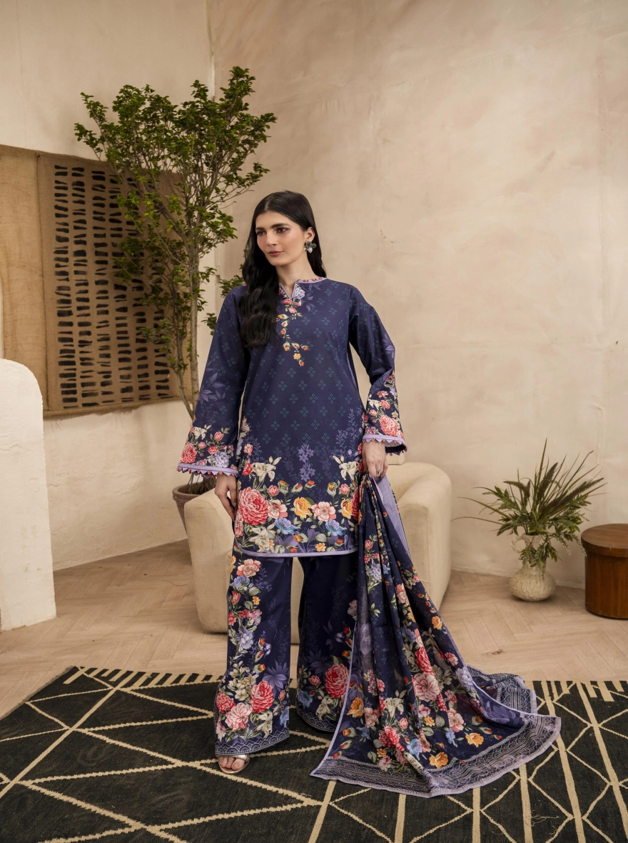 Pakistani Lawn Special Edition – Navy Blue 3-Piece Unstitched Printed Suit