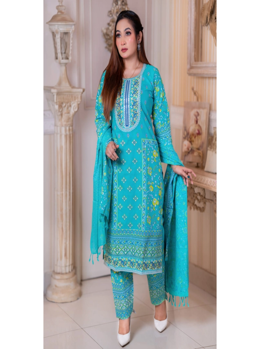 Artisanal Block Print & Embroidered Taat Cotton Three-Piece