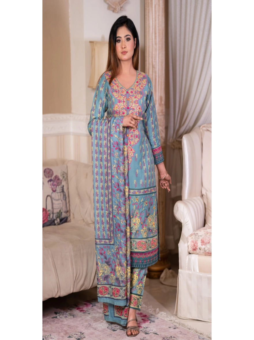 Elegance Embroidered Taat Cotton Three-Piece Set