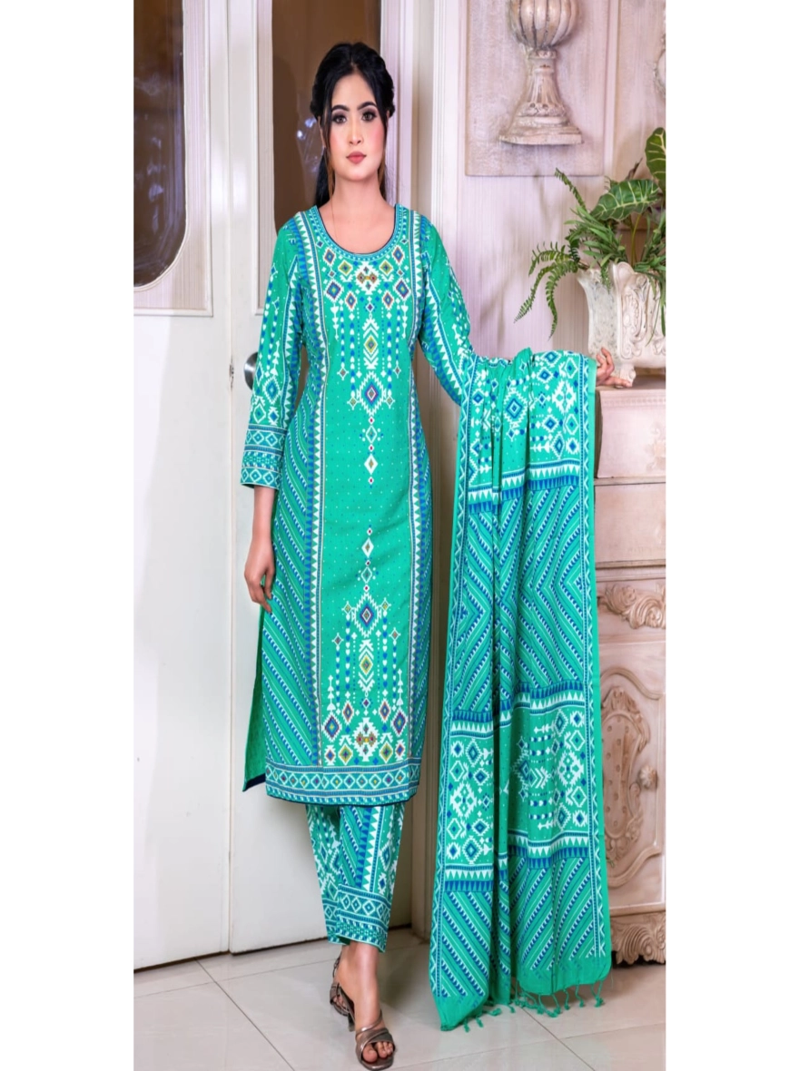 Elegant Block-Printed & Embroidered Taat Cotton Three-Piece Set - 1157