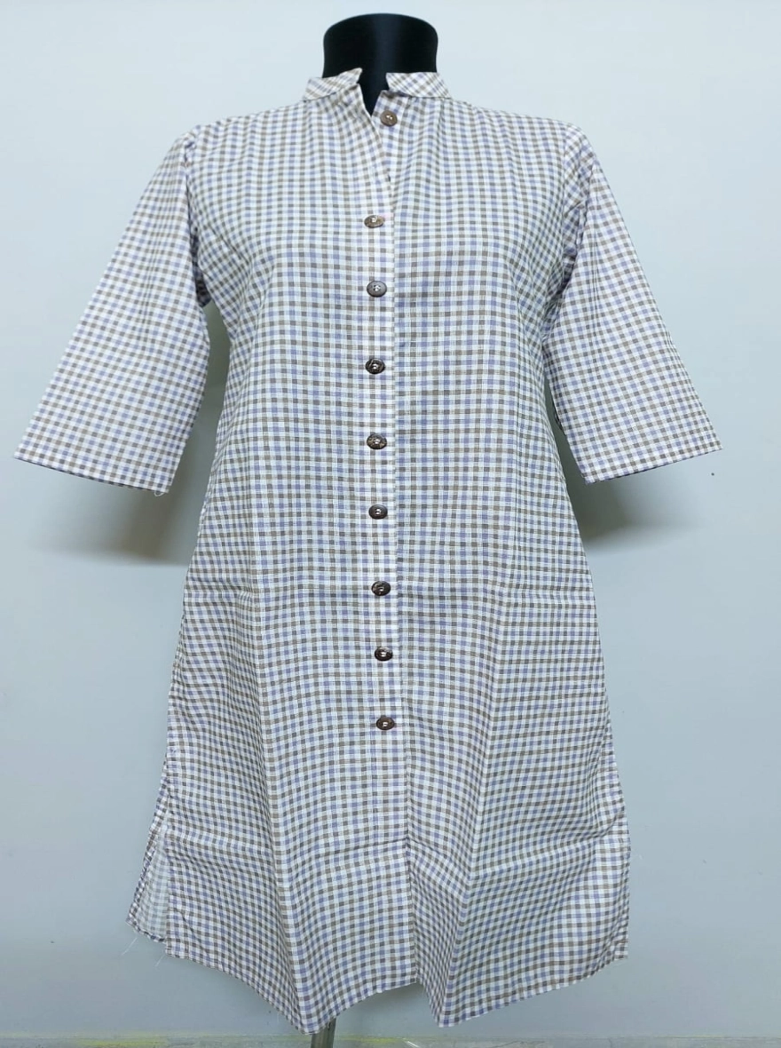 Classic Gingham Check Button-Down Cotton Kurti