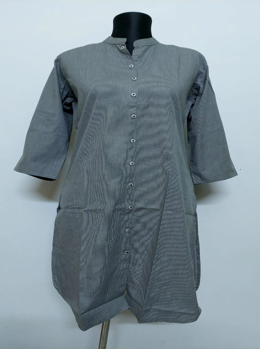 Slate Grey Pinstripe Button-Down Cotton Kurti