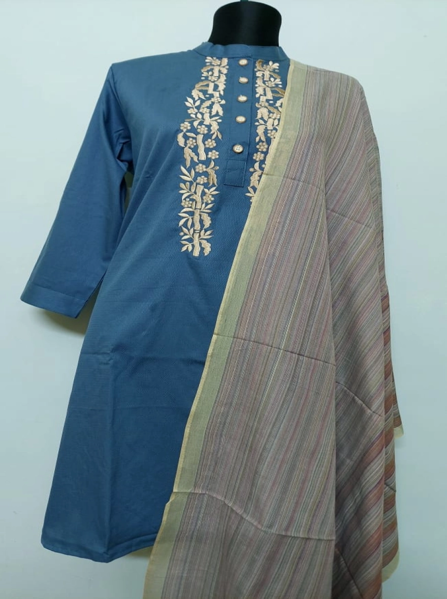 Ethereal Slate Blue Kurti with Golden Vine Embroidery