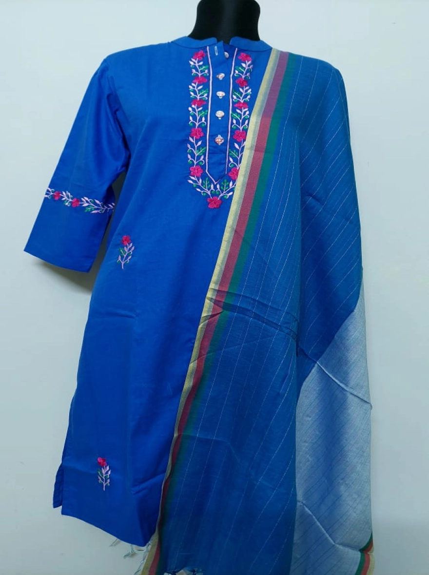 Cobalt Grace Floral Yoke Kurti with Textured Dupatta