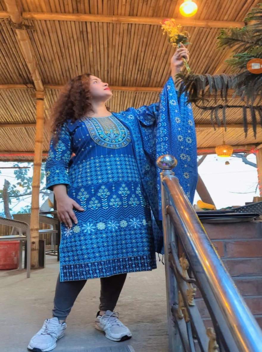 Royal Blue Aarong Cotton Readymade Three-Piece with Circular Motif