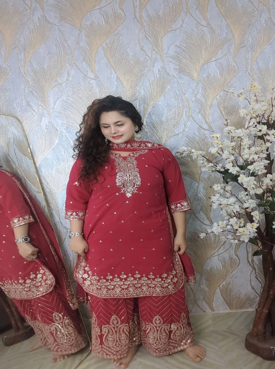 Ruby Red Pakistani Design Premium Georgette Readymade Gharara Set