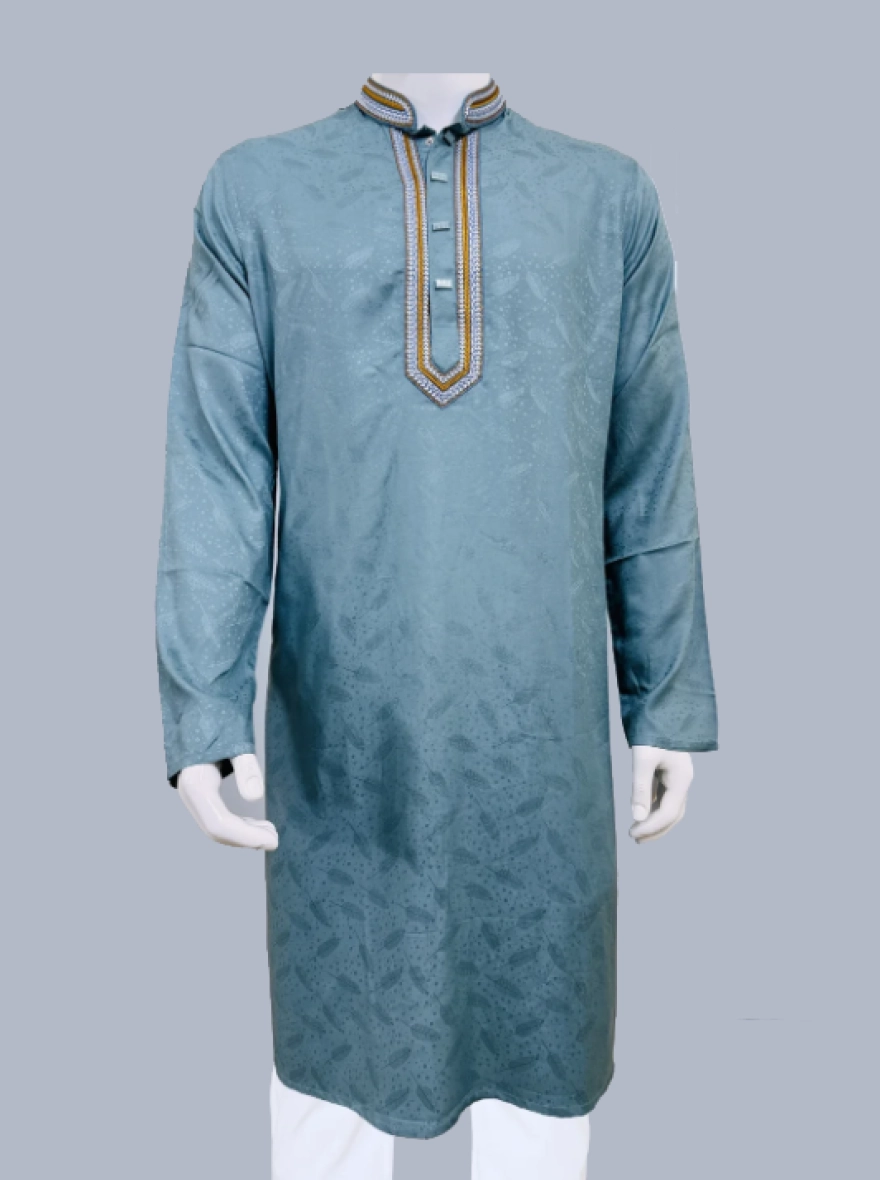 Light Turquoise Jacquard and Embroidered Slim Fit Panjabi for Men – Premium Ethnic Wear for Weddings, Festive Occasions, Parties, Traditional Events, Luxurious Jacquard Weave with Elegant Handcrafted Embroidery, Comfortable Slim Modern Tailored Fit