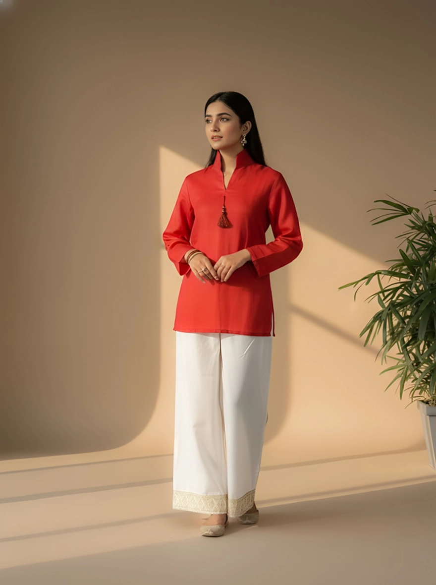 Surkh – Premium Red Tassel Kurti with Embroidered Farshi Pants