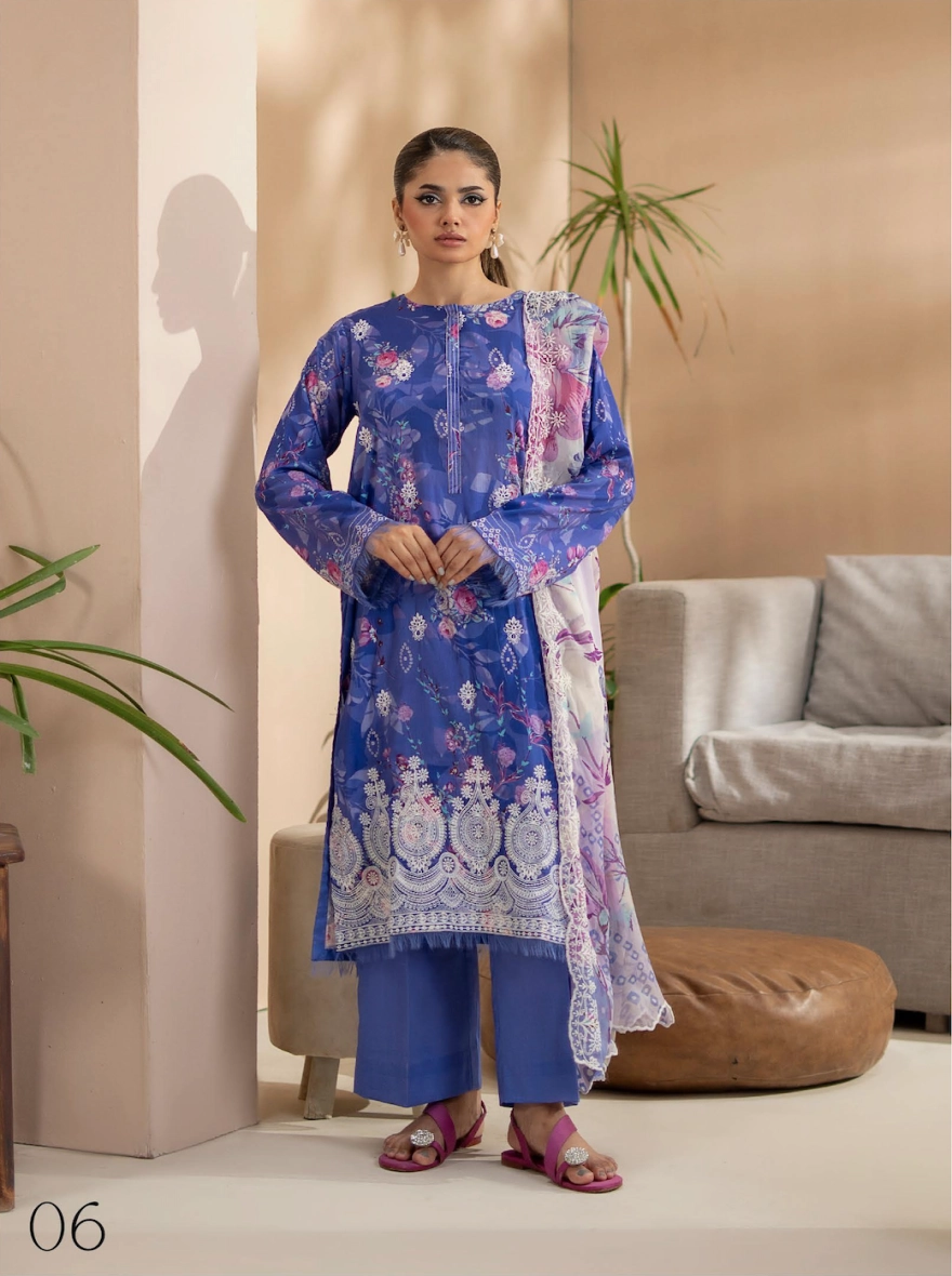 Pakistani Premium Mishaal by Gulljee – 3 Piece Printed Lawn Suit (Royal Blue)-unstitched