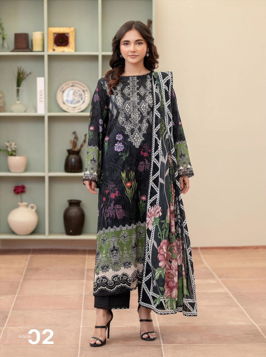 Pakistani Morja by Gulljee –Unstitched 3 Piece Embroidered Printed Lawn Suit (Black)