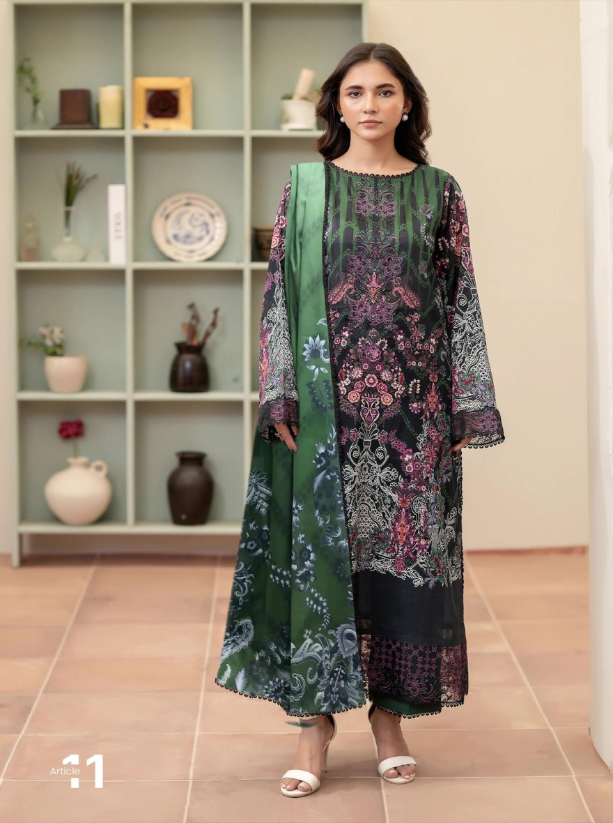 Pakistani Morja by Gulljee – Unstitched 3 Piece Emb Charcoal & Forest Green Floral-unstitched