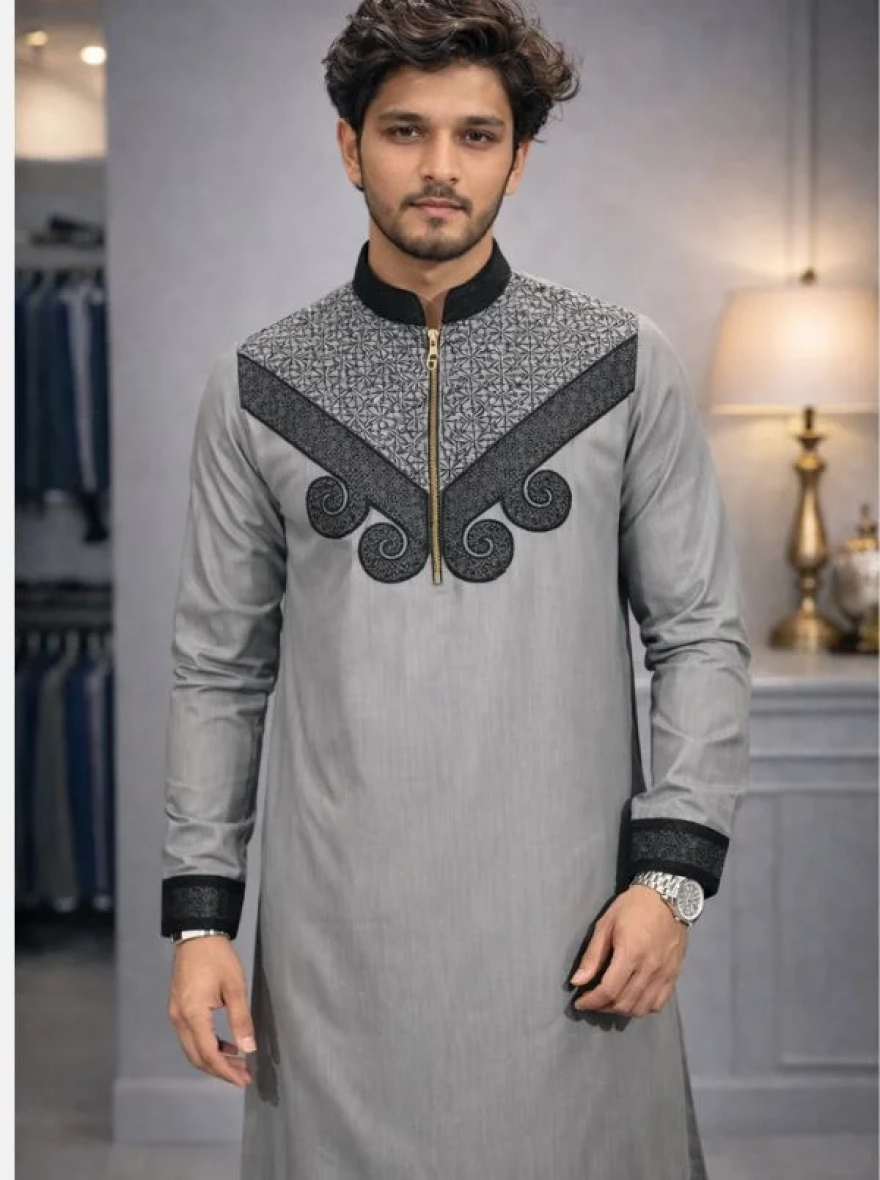 Graphite Grey Premium Cotton Embroidery Panjabi