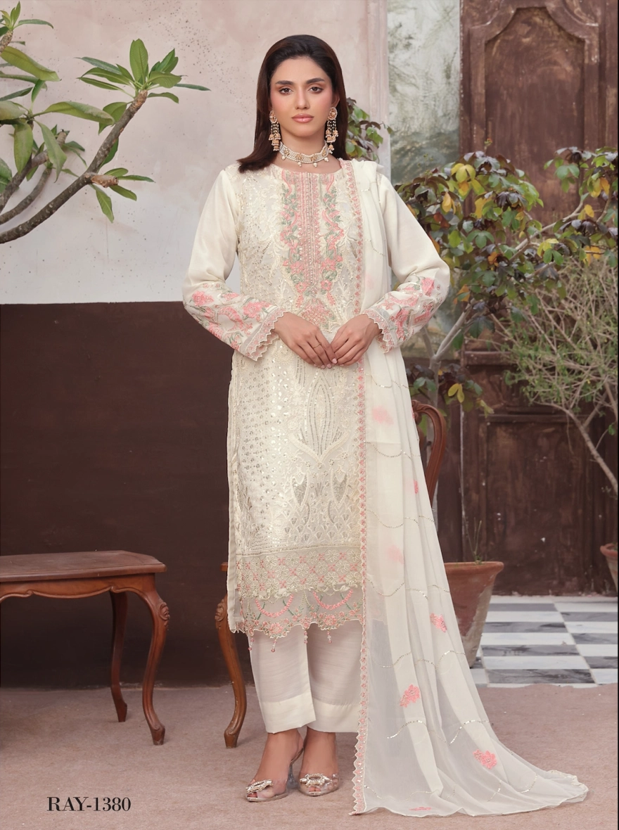 Pakistani Amsaal by Bin Hamid Embroidered Chiffon 3-Piece Suit-Ivory Petal-unstitched