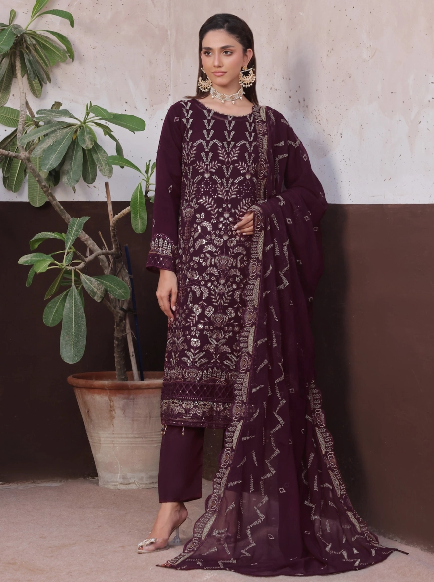 Pakistani Amsaal by Bin Hamid  Embroidered Chiffon 3-Piece Suit-Velvet Wine -unstitched