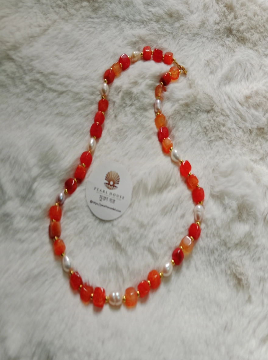 Original Pearl & Orange Colour Original Stone Combination Necklace 