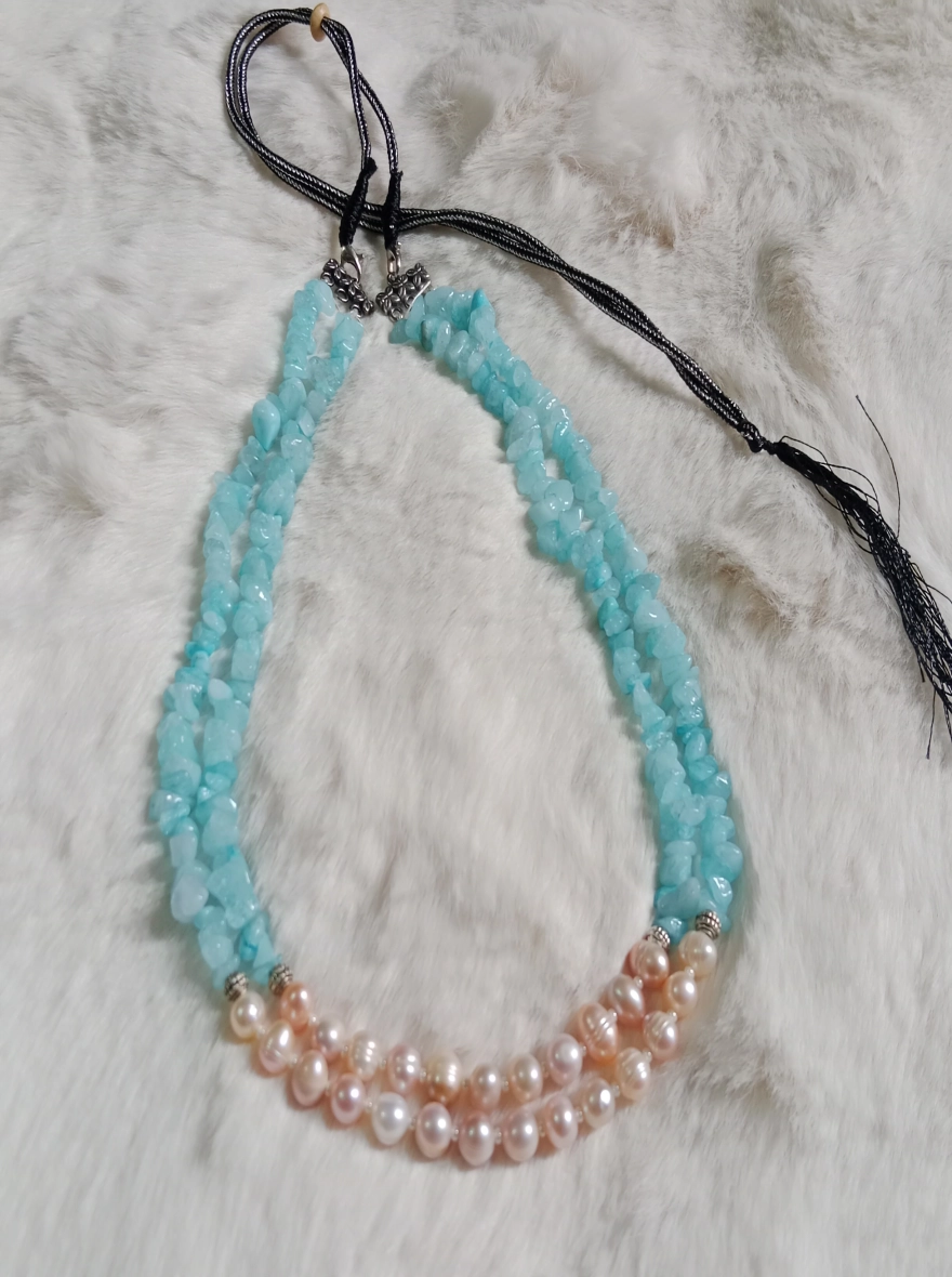Original Pearl & Coral Stone Combination 2 Layer Necklace 