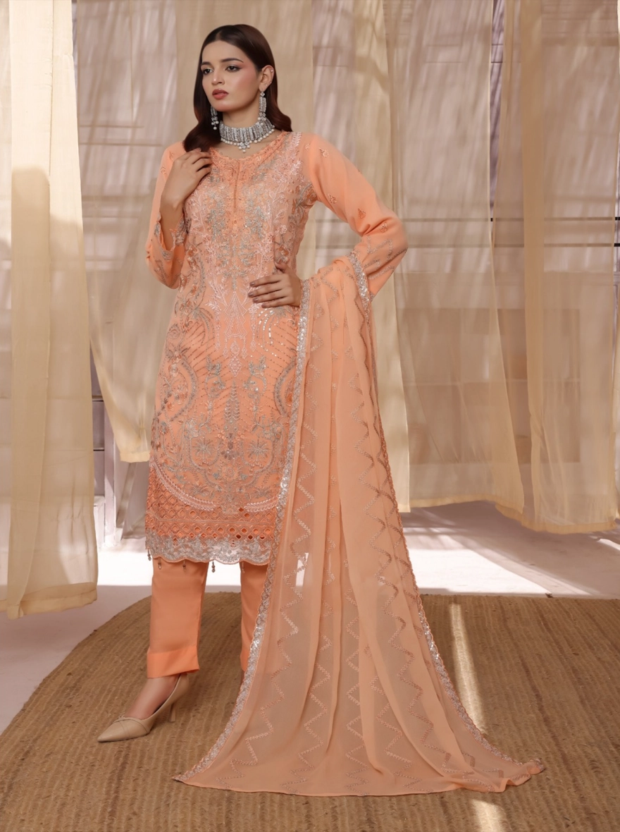 Pakistani Ronaq by Bin Hamid Embroidered Chiffon 3-Piece Suit-Ivory Petal-unstitched