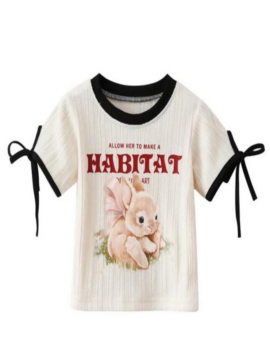 Imported Rabbit Lace Up Bow Kids Short Sleeve T-Shirt (China)